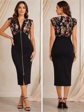 AX Paris Black Floral Two-Way Zip Bodycon Midi Dress Size 10 NWT